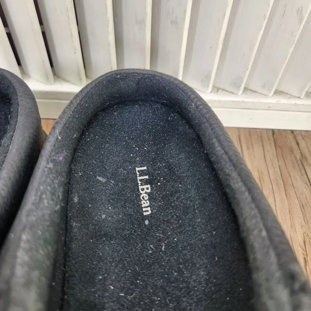 LL Bean Comfort Mules Mens Sz 10 Wide Black Pebbled Leather Slip On Fleece Lined